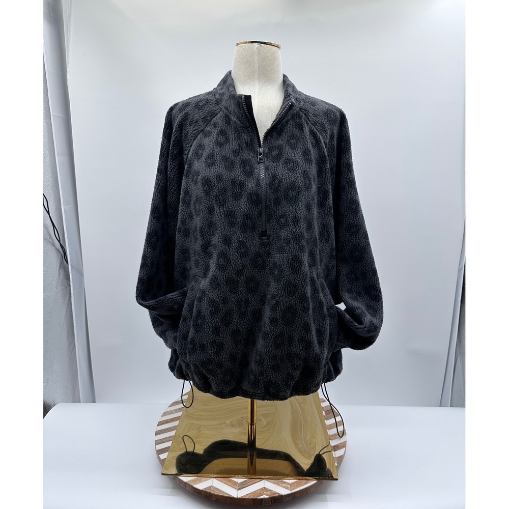 Old Navy Womens 3X Sherpa Fleece Half Zip Pullover Leopard Print Grey Black Mock